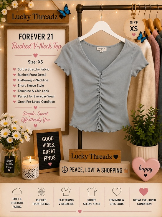 Forever 21 Tops - Forever 21 Light Blue Ruched V-Neck Crop Top